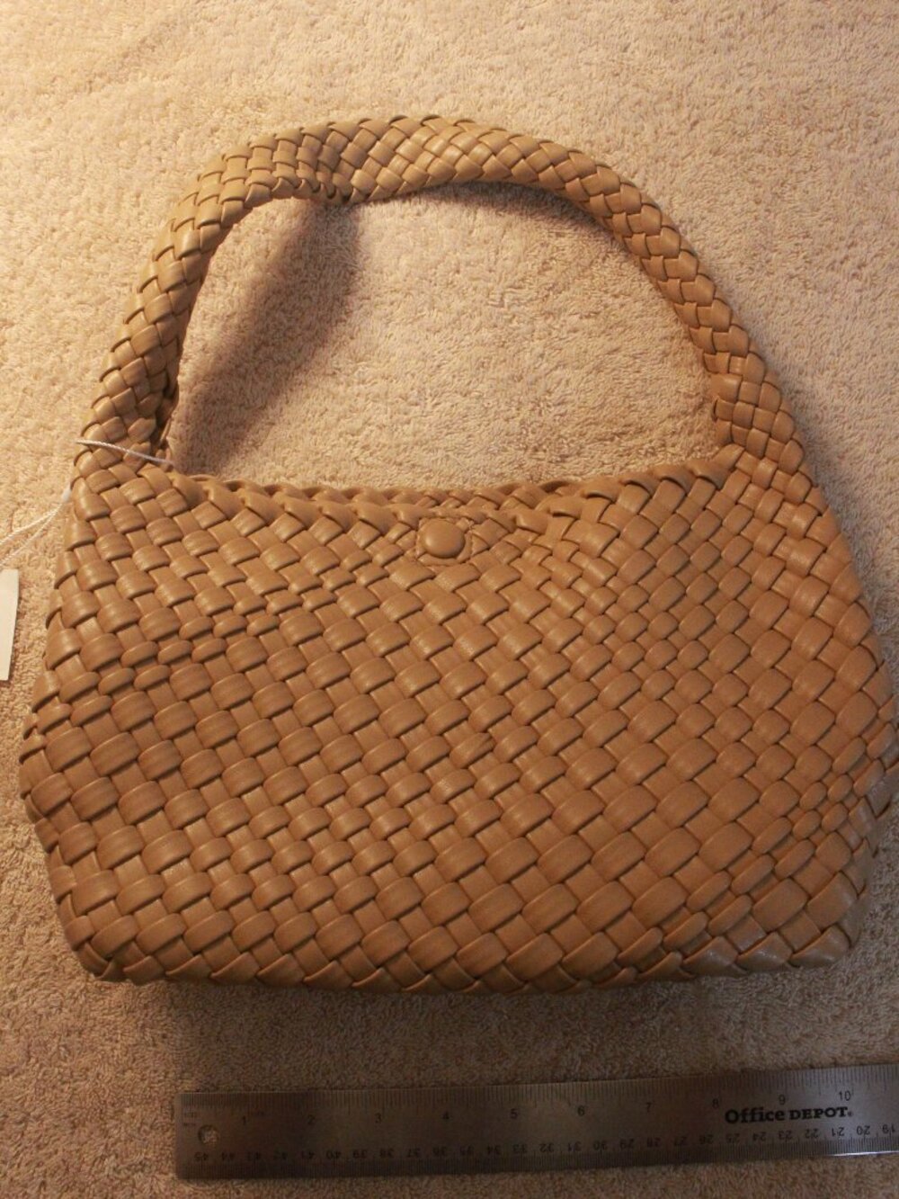 Tan Basketweave Shoulder Bag with Braided Handles